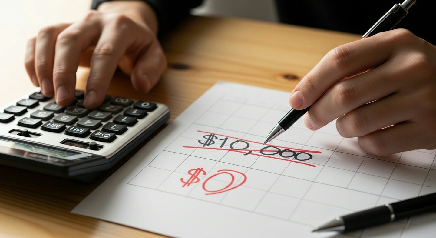 Hands calculating finances on a wooden desk with a notepad.